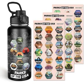 National Parks Water Bottle with Stickers and Straw,32oz Double Wall Vacuum Wide Mouth Insulated Water Bottle for Travel,Weather-proof,BPA-free and Leak-proof (32oz,White)