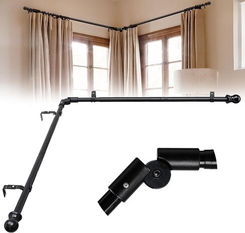 1 Inch Bay Window Curtain Rods 3 Sides 32-96 Inch Side Rods 32-123 Inch Center Rods Retractable Metal Corner Curtain Rods for Blackout Curtains with Wall Mount White Round Finials in Saudi Arabia