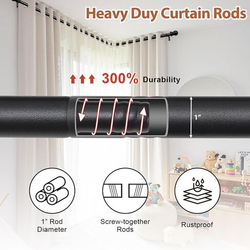 1 Inch Bay Window Curtain Rods 3 Sides 32-96 Inch Side Rods 32-123 Inch Center Rods Retractable Metal Corner Curtain Rods for Blackout Curtains with Wall Mount White Round Finials in Saudi Arabia