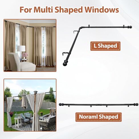 1 Inch Bay Window Curtain Rods 3 Sides 32-96 Inch Side Rods 32-123 Inch Center Rods Retractable Metal Corner Curtain Rods for Blackout Curtains with Wall Mount White Round Finials in Saudi Arabia