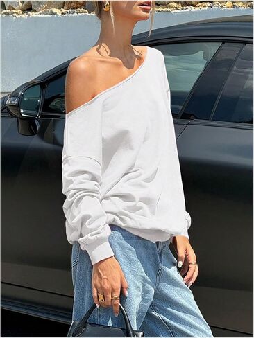Women's Off Shoulder Sweatshirt Long Sleeve Casual Pullovers Tops Basic Trendy Y2K Fall Clothes in Saudi Arabia