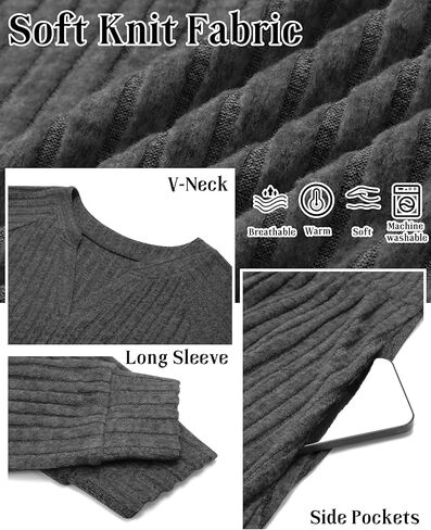 Riyiper Women's Knit Sweater Dress, Long Sleeve V Neck Babydoll Dress with Pockets Casual Knee Length Dress Trendy 2025 in Kuwait