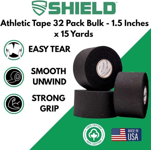 SHIELD | 32 Pack White Athletic Tape Bulk- 1.5" x 45 feet Per Roll- Made in USA Easy Tear, No Residue. Sports Medicine - Athletes, Medical, Therapy, Athletic Trainers: Ankles Wrists Fingers (White) in Kuwait