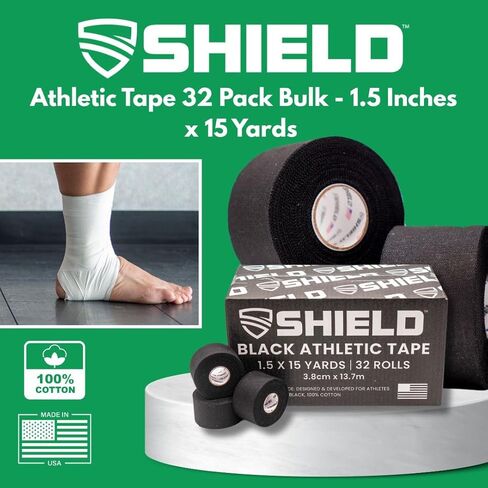 SHIELD | 32 Pack White Athletic Tape Bulk- 1.5" x 45 feet Per Roll- Made in USA Easy Tear, No Residue. Sports Medicine - Athletes, Medical, Therapy, Athletic Trainers: Ankles Wrists Fingers (White) in Kuwait