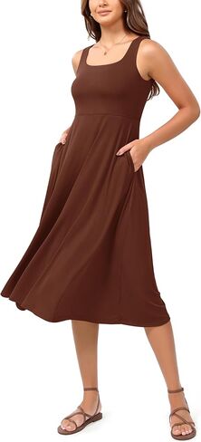 ODODOS Square Neck Midi Dress with Pockets for Women Summer Casual Sleeveless Sundress Flare Tank Dress in Kuwait