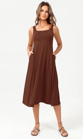 ODODOS Square Neck Midi Dress with Pockets for Women Summer Casual Sleeveless Sundress Flare Tank Dress in Kuwait