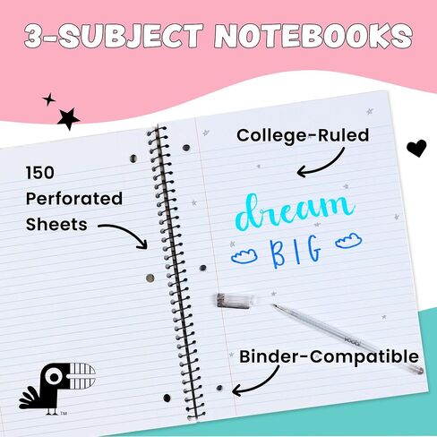 مجموعة دفاتر ملاحظات حلزونية مقاس 8 × 10.5 بوصة من Yoobi College - مجموعة مكونة من 6 دفاتر ملاحظات موضوع واحد، مجموعة متنوعة من التصميمات اللطيفة - 100 ورقة مثقوبة بثلاث فتحات، للمدرسة والمكتب والمنزل in Saudi Arabia