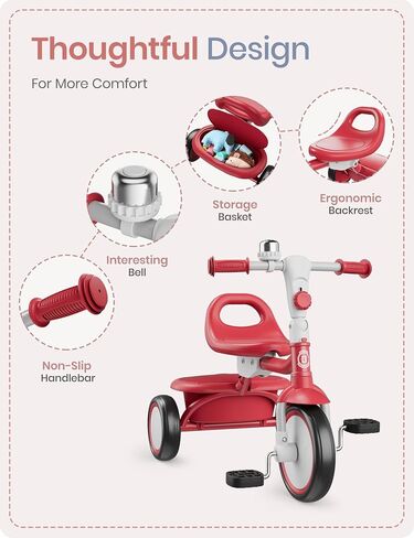 besrey Kids Tricycle with Flash Wheels for Ages 18 Months to 5 Years, Toddler Tricycle with Bell, Kids Tricycle, Gift for 2-5 Year Olds, Gift and Toy for Boys and Girls, Tricycle for Toddlers, Pink in Kuwait