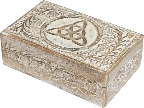 Wooden Trinket Box 8 x 5 inches Mango Wood Jewelry Organizer Vintage Watch Holder Beautifully Handcarved Floral Pattern with Lock for Home Decor White elephant gifts for Adults - Blue in Saudi Arabia