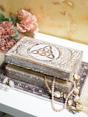 Wooden Trinket Box 8 x 5 inches Mango Wood Jewelry Organizer Vintage Watch Holder Beautifully Handcarved Floral Pattern with Lock for Home Decor White elephant gifts for Adults - Blue in Saudi Arabia