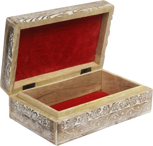 Wooden Trinket Box 8 x 5 inches Mango Wood Jewelry Organizer Vintage Watch Holder Beautifully Handcarved Floral Pattern with Lock for Home Decor White elephant gifts for Adults - Blue in Saudi Arabia