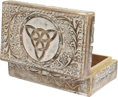 Wooden Trinket Box 8 x 5 inches Mango Wood Jewelry Organizer Vintage Watch Holder Beautifully Handcarved Floral Pattern with Lock for Home Decor White elephant gifts for Adults - Blue in Saudi Arabia