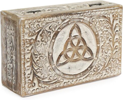 Wooden Trinket Box 8 x 5 inches Mango Wood Jewelry Organizer Vintage Watch Holder Beautifully Handcarved Floral Pattern with Lock for Home Decor White elephant gifts for Adults - Blue in Saudi Arabia