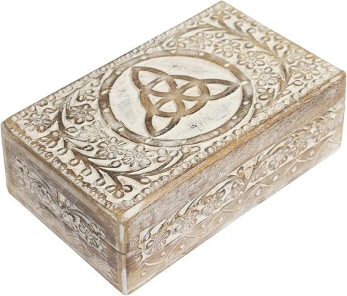 Wooden Trinket Box 8 x 5 inches Mango Wood Jewelry Organizer Vintage Watch Holder Beautifully Handcarved Floral Pattern with Lock for Home Decor White elephant gifts for Adults - Blue in Saudi Arabia