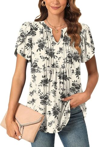 Womens 2025 Summer/Spring Tunic Tops V Neck Dressy Casual Blouse for Work Fashion Pleated Short Sleeve T-Shirts in Saudi Arabia