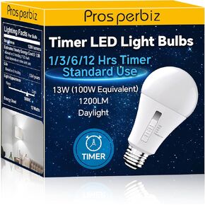 Timer Light Bulbs, Upgrated 1/3/6/12 Hours Timer & Constant Light Function, 13W (100W Equivalent) LED Timer Light Bulbs Indoor, A19 Built-in Automatic Indoor Timer Light 5000K Daylight, 4 Pack