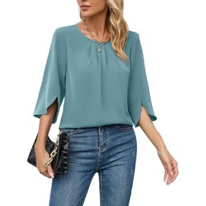 TASAMO Womens Fashion Spring Casual Scoop Neck Loose Top Elegant 3/4 Sleeve Chiffon Blouse Shirt Tops A- Blue