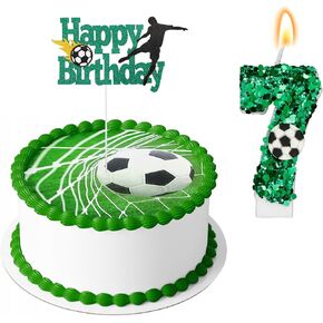 2pcs Green Soccer Birthday Candles Glitter Number 7 Candle and Soccer Cake Topper Sport Theme Birthday Candles Smokeless Candles for Man Boy Girl Football Player Birthday Party Supplies