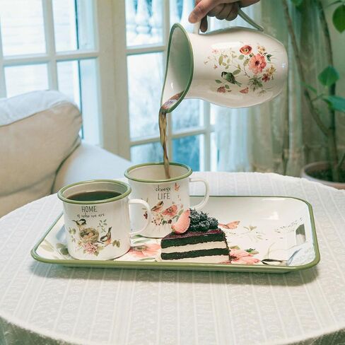 إبريق المينا بمقبض واسع وحافة خضراء ريفي المينا إبريق زهرية زهرة وطيور نمط مزرعة إبريق معدني ديكور عتيق in Kuwait