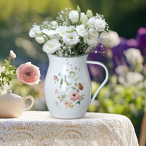 إبريق المينا بمقبض واسع وحافة خضراء ريفي المينا إبريق زهرية زهرة وطيور نمط مزرعة إبريق معدني ديكور عتيق in Kuwait