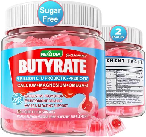 Butyrate Gummies with Probiotic + Prebiotic + Postbiotic - 9 Billion CFU Probiotics with Fiber, Calcium & Magnesium, Omega-3, Inulin, Psyllium Husk for Digestive Health, Bloating Support, Sugar Free in Saudi Arabia