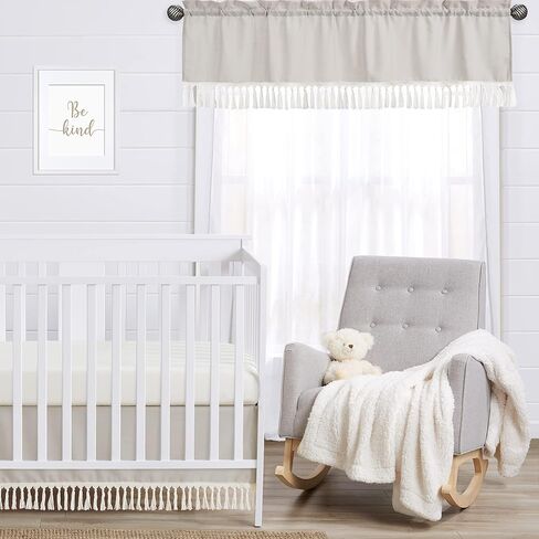 Sweet Jojo Designs Ivory Neutral Boho Bohemian Window Treatment Valance - Solid Color Beige Cream Off White Farmhouse Chic Unisex Minimalist Tassel Fringe Macrame Cotton Gender Neutral in Saudi Arabia