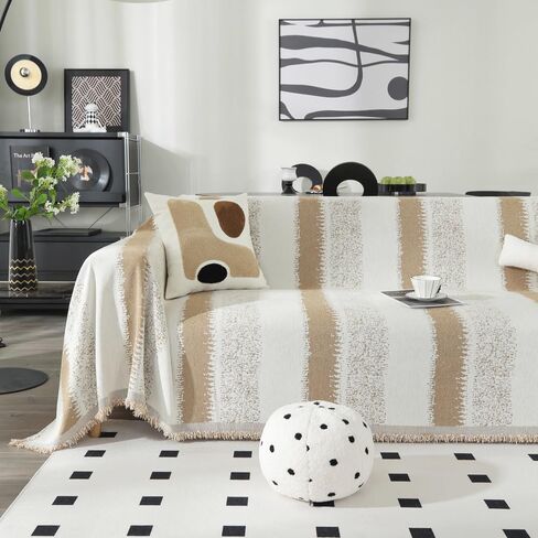 Booque Valley Soft Thick Chenille Sofa Cover Oversized Boho Striped Slipcover for Couch Pet Friendly Pill-Resistant Reversible Sofa Protector for Living Room (Large, 72" x 120", Grey and White) in Kuwait
