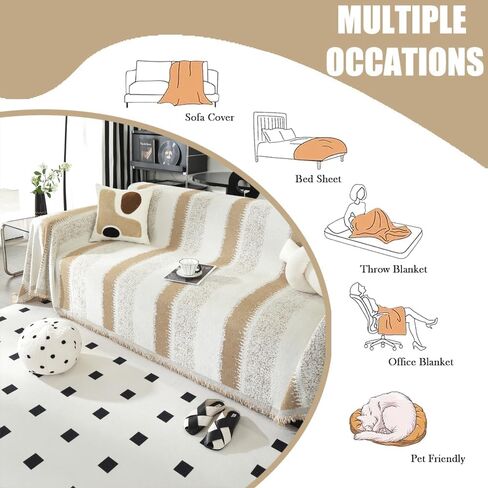 Booque Valley Soft Thick Chenille Sofa Cover Oversized Boho Striped Slipcover for Couch Pet Friendly Pill-Resistant Reversible Sofa Protector for Living Room (Large, 72" x 120", Grey and White) in Kuwait