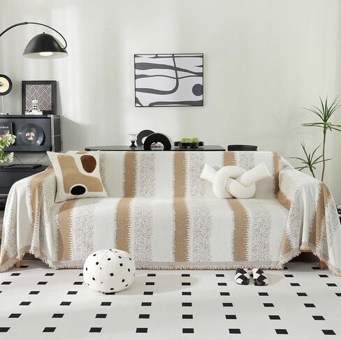 Booque Valley Soft Thick Chenille Sofa Cover Oversized Boho Striped Slipcover for Couch Pet Friendly Pill-Resistant Reversible Sofa Protector for Living Room (Large, 72" x 120", Grey and White) in Kuwait