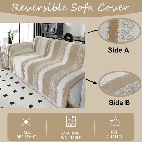 Booque Valley Soft Thick Chenille Sofa Cover Oversized Boho Striped Slipcover for Couch Pet Friendly Pill-Resistant Reversible Sofa Protector for Living Room (Large, 72" x 120", Grey and White) in Kuwait
