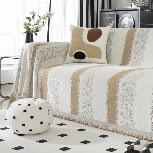 Booque Valley Soft Thick Chenille Sofa Cover Oversized Boho Striped Slipcover for Couch Pet Friendly Pill-Resistant Reversible Sofa Protector for Living Room (Large, 72" x 120", Grey and White) in Kuwait