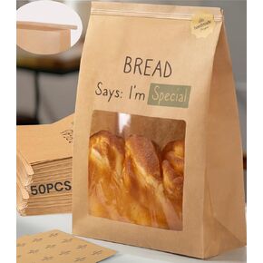 Upgraded Paper Bread Bags Large Flat Bottom 50 Pack with BPA-Free Food Grade Lining for Homemade Sourdough, Kraft Artisan Round Loaf Gifting Bag with Window and Tin Tie Tab Lock