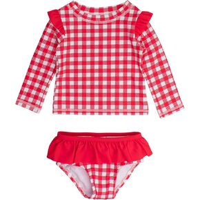 RuffleButts Baby/Toddler Girls Skirted Long Sleeve Rash Guard Bikini UPF50+ Sun Protected Swimsuit