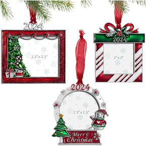 2024 Christmas Tree Ornament Picture Frame Ornament - Made of Zinc Alloy Glitter Powder Pendant 3x2 Inch Picture Frame Ornament for Pet and Baby Holiday Keepsake Gift (Snowman,Silvery)