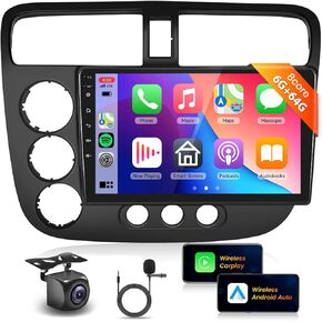 Podofo Octa Core 6G+128G for Honda Civic 2001-2005 Android Car Stereo with Wireless Apple CarPlay Android Auto, 9 inch Touchscreen Bluetooth Radio with GPS Navigation FM/RDS WiFi DSP Backup Camera