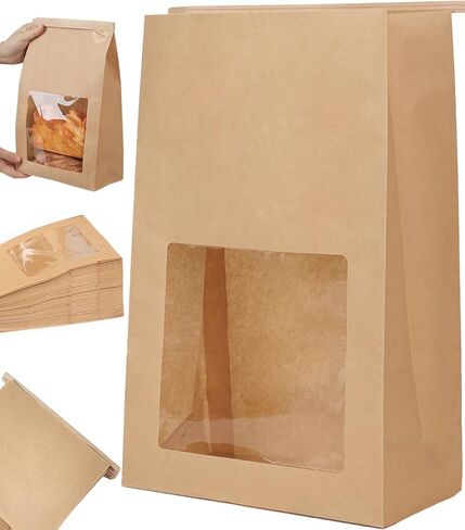 أكياس خبز ورقية مطورة، كبيرة مسطحة القاع، 50 عبوة مع بطانة خالية من مادة BPA للطعام للعجين المخمر محلي الصنع، حقيبة هدايا رغيف دائرية من كرافت مع نافذة وقفل ربطة عنق من القصدير in Saudi Arabia
