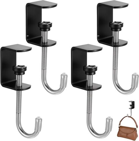 cobee 4 Pack Clamp-On Under Desk Hooks, Desk Mount Hanging Bag Holder Metal Hook Adjustable Headphones Clamp Organizer Portable Purse Hanger Clip Reduce Desk Clutter for Table Desk Under Counter in Saudi Arabia