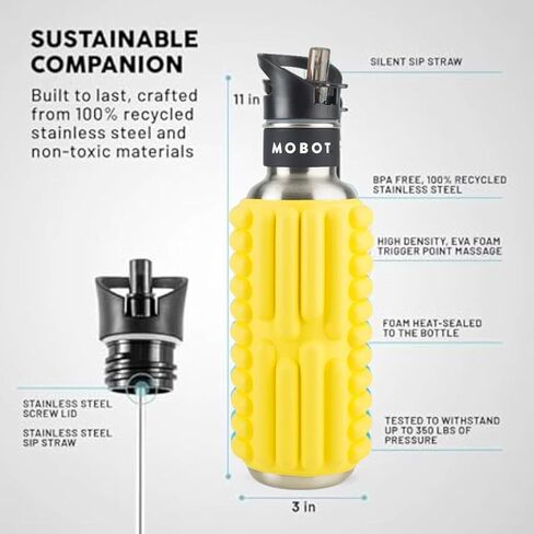 MOBOT Portable Travel Foam Roller Water Bottle with Sip Straw, Stainless Steel Screw Lid | Insulated Sports Water Bottle and Foam Rollers for Yoga, Workout, Home Gym, & Exercise 27oz. (Aqua) in Saudi Arabia