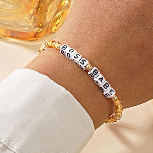 Crystal Letter Beaded Stretch Bracelets for Women, Trendy Boho Gold Natural Stone Beads Bracelet Jewelry Gift. in Kuwait