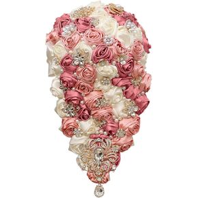 Handmade Satin Rose Water Drop Bridal Bouquet, 8.7inch Luxury Cascade Bridal Wedding Tossing Bouquet, Jewelry Proposal Bridesmaid Bouquet Groom Corsage Bride Wrist Flower Ivory