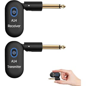 A14 Wireless Guitar System 2.4GHz 2 Modes, Thumb-Size, 90° Rotatable, Rechargeable Li-Battery, 100ft Range, 10H, Plug & Play for Guitar, Bass, Violin, Keyboard - Black