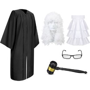 Hillban 5 Pcs Halloween Judge Costume Accessory Judge Robe False Collar Wooden Gavel Wig and Glasses for Halloween Cosplay