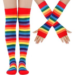 2 Pairs Rainbow Tights, Rainbow Leg Warmers, Over Knee Thigh High Striped Socks for Women and Girls, Colorful Stripe Arm Leg Warmer Gloves Stockings Set Costume Accessories for Cosplay Party