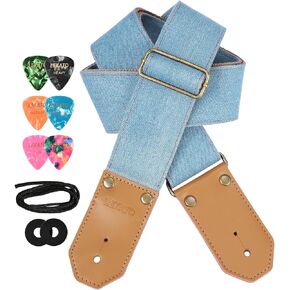 حزام جيتار LEKATO مع نهايات من جلد البقر وأشرطة الدنيم الغربية للجيتار الكهربائي الصوتي يتضمن 6 اختيارات وأقفال حزام وربطة رأس أفضل هدية للرجال والنساء لعازفي الجيتار والموسيقيين in Kuwait