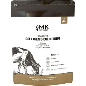 MK Supplements Grass-Fed Collagen & Colostrum Supplement, Chocolate (30 Servings) - Non-GMO, Gluten Free, Supports Gut Health, Immunity, Hair, Skin, Nails, Joints