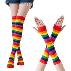 4 Pcs Rainbow Striped High Socks Pride Day Party Long Knitted Arm Warmers Fingerless Gloves Women Halloween Prom Parade Mardi Gras Festival Supplies