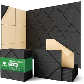 12 Pack Soundproof Wall Panels Self-Adhesive, 12" X 12" X 0.4" Sound proof panels for walls, High Density Acoustic Panels, Sound Absorbing Panel for Studio, Home, Offices(Black)