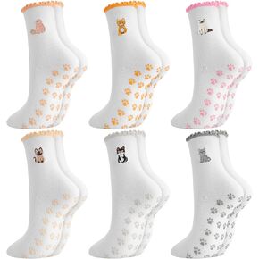 Jspupifip 6 Pairs Cute Pilates Socks with Grips for Women Non Slip Ruffle Yoga Socks Embroidery Cats Athletic Crew Grippy Sock for Barre Ballet Barefoot Workout Hospital