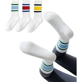 Yawlsow 3 Pairs Pilates Grip Socks for Women Yoga Grippy Striped Retro Crew Socks Non Slip Sticky Barre Sock with Grippers