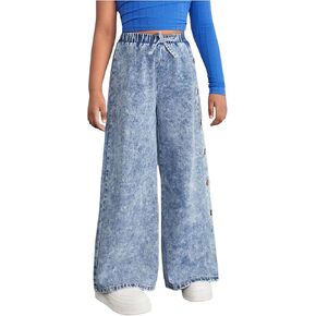 OYOANGLE Girl's Elastic Waist Wide Leg Split Jeans Knot Front Button Baggy Casual Denim Pants